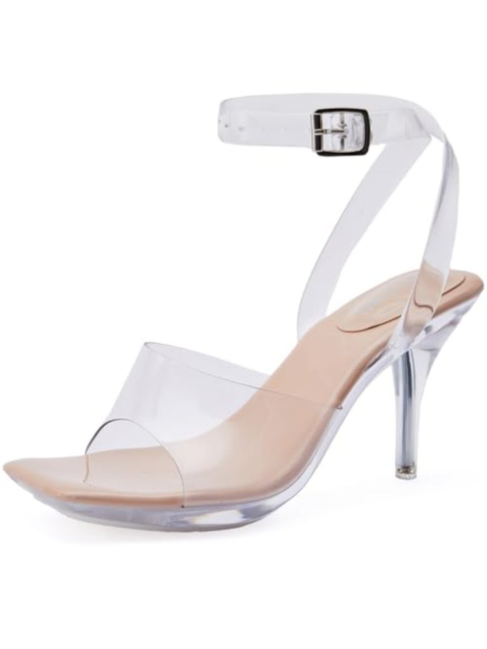Clear Heels Platform Kitten Heels Transparent Strappy Ankle Strap Square Toe
